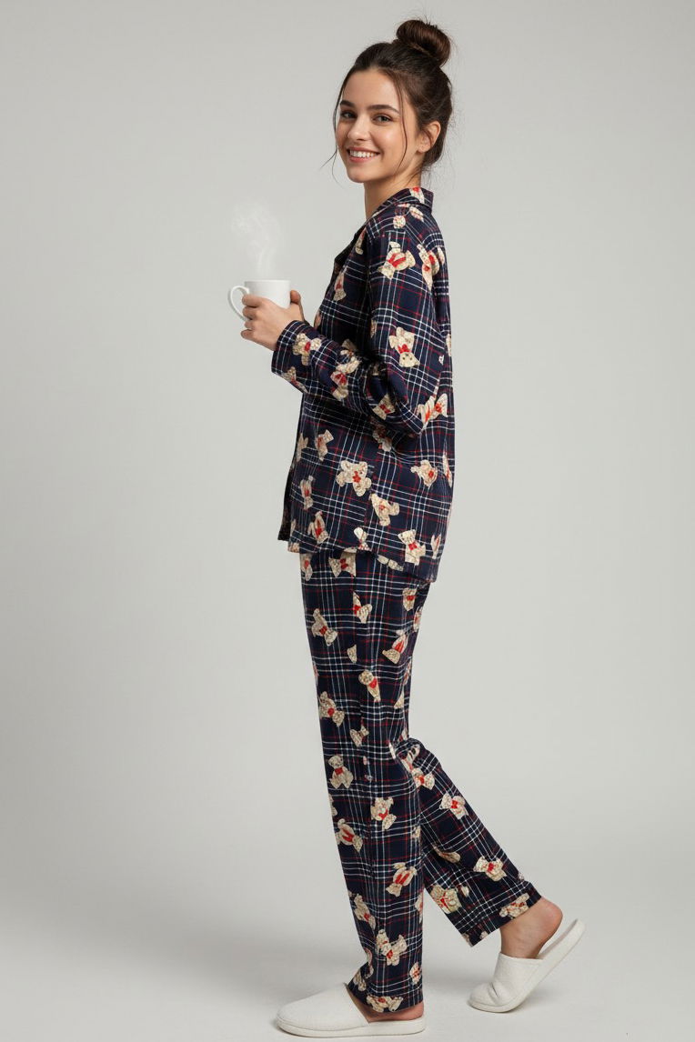 Ayıcık Baskılı Pijama Takımı - 27945-LACIVERT - TOFİSA