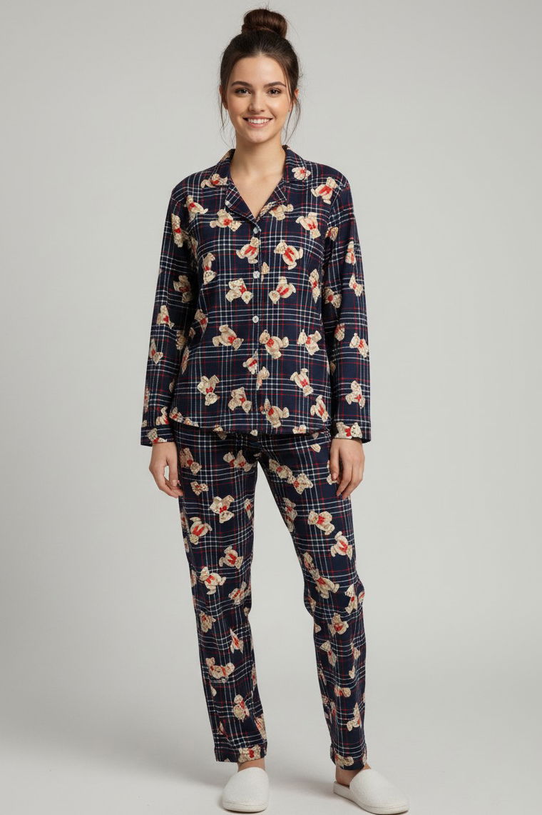 Ayıcık Baskılı Pijama Takımı - 27945-LACIVERT - 1