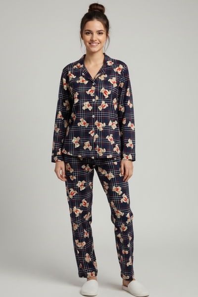 Ayıcık Baskılı Pijama Takımı - 27945-LACIVERT 