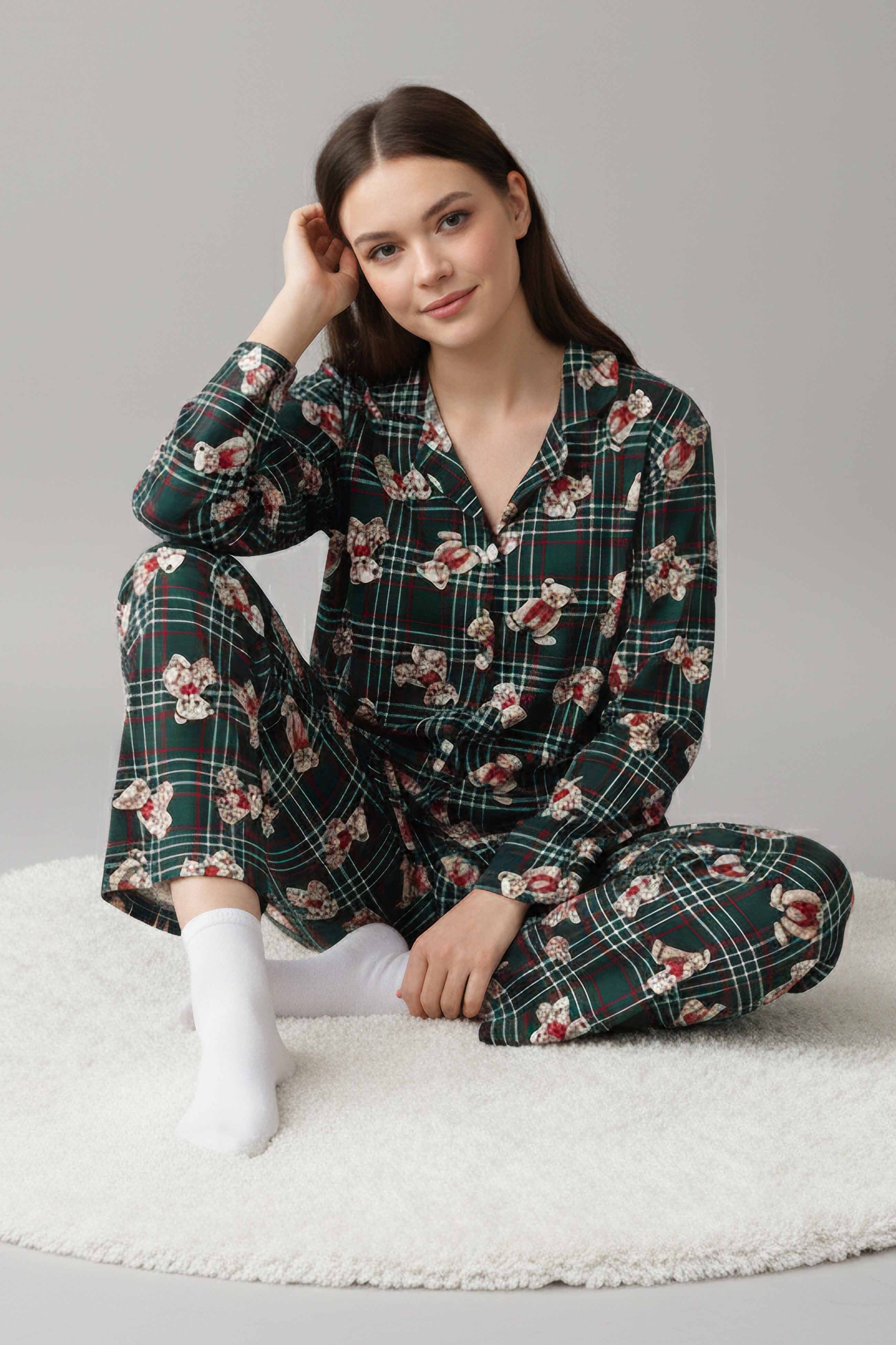 Ayıcık Baskılı Pijama Takımı - 27945-ZUMRUT - 1