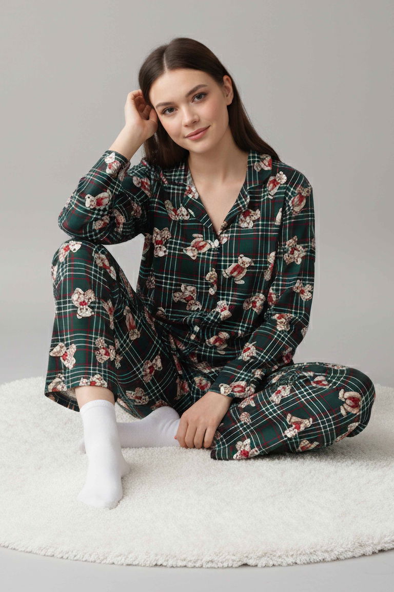 Ayıcık Baskılı Pijama Takımı - 27945-ZUMRUT - TOFİSA