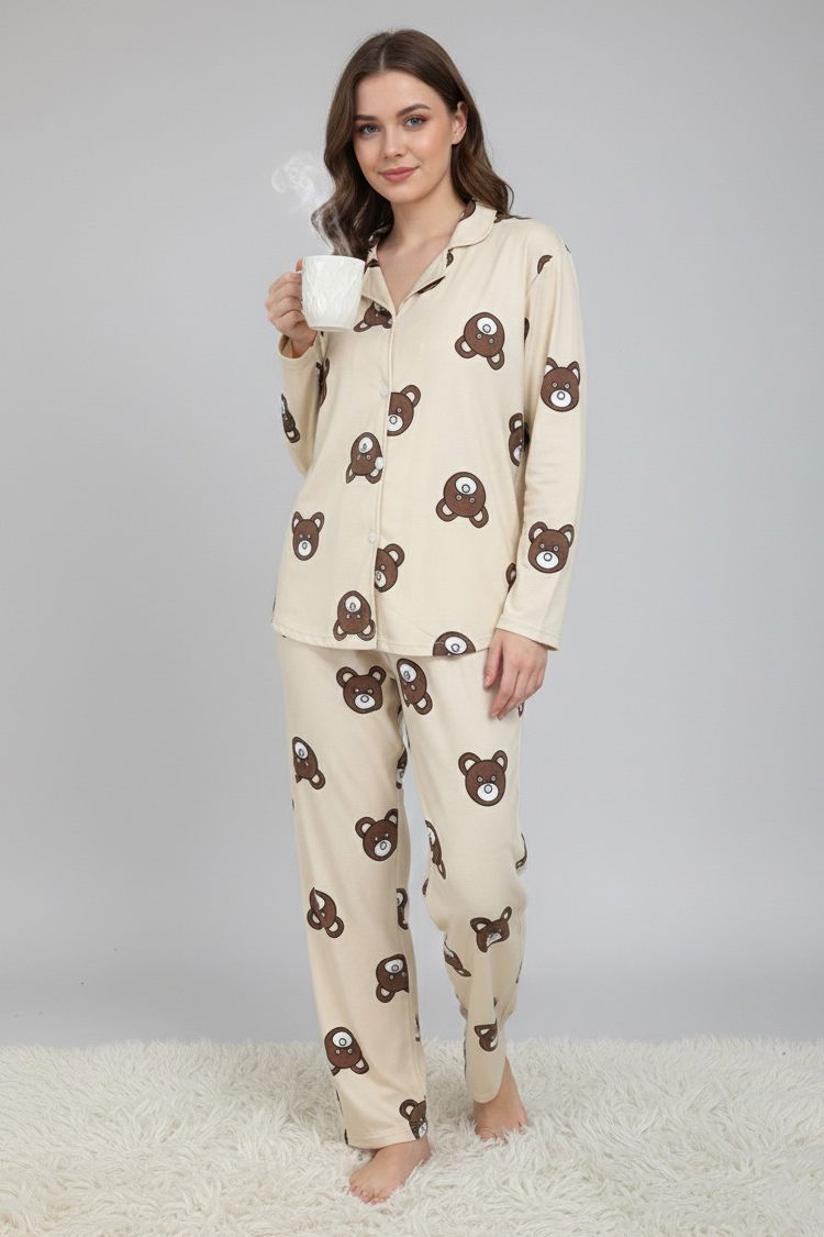 Ayıcık Baskılı Pijama Takımı - 28018-KREM - 1