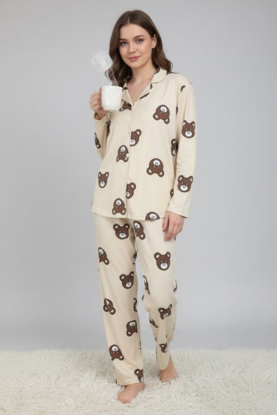Ayıcık Baskılı Pijama Takımı - 28018-KREM 