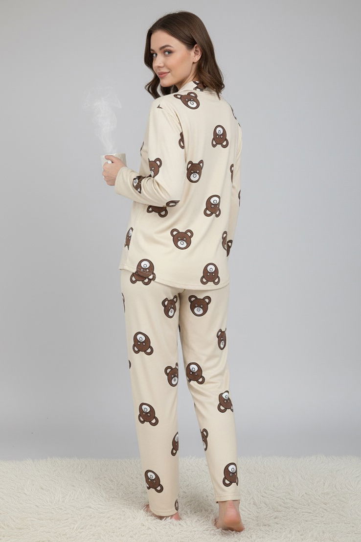 Ayıcık Baskılı Pijama Takımı - 28018-KREM - TOFİSA