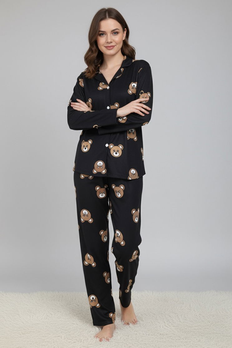 Ayıcık Baskılı Pijama Takımı - 28018-SIYAH - 1