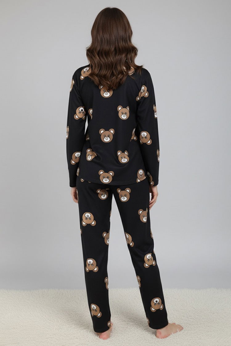 Ayıcık Baskılı Pijama Takımı - 28018-SIYAH - 2