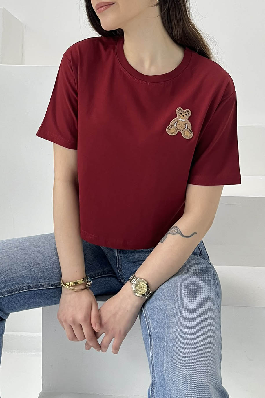 Ayıcık Nakışlı Kısa Kollu T-Şhirt Bordo - 27030 - 3