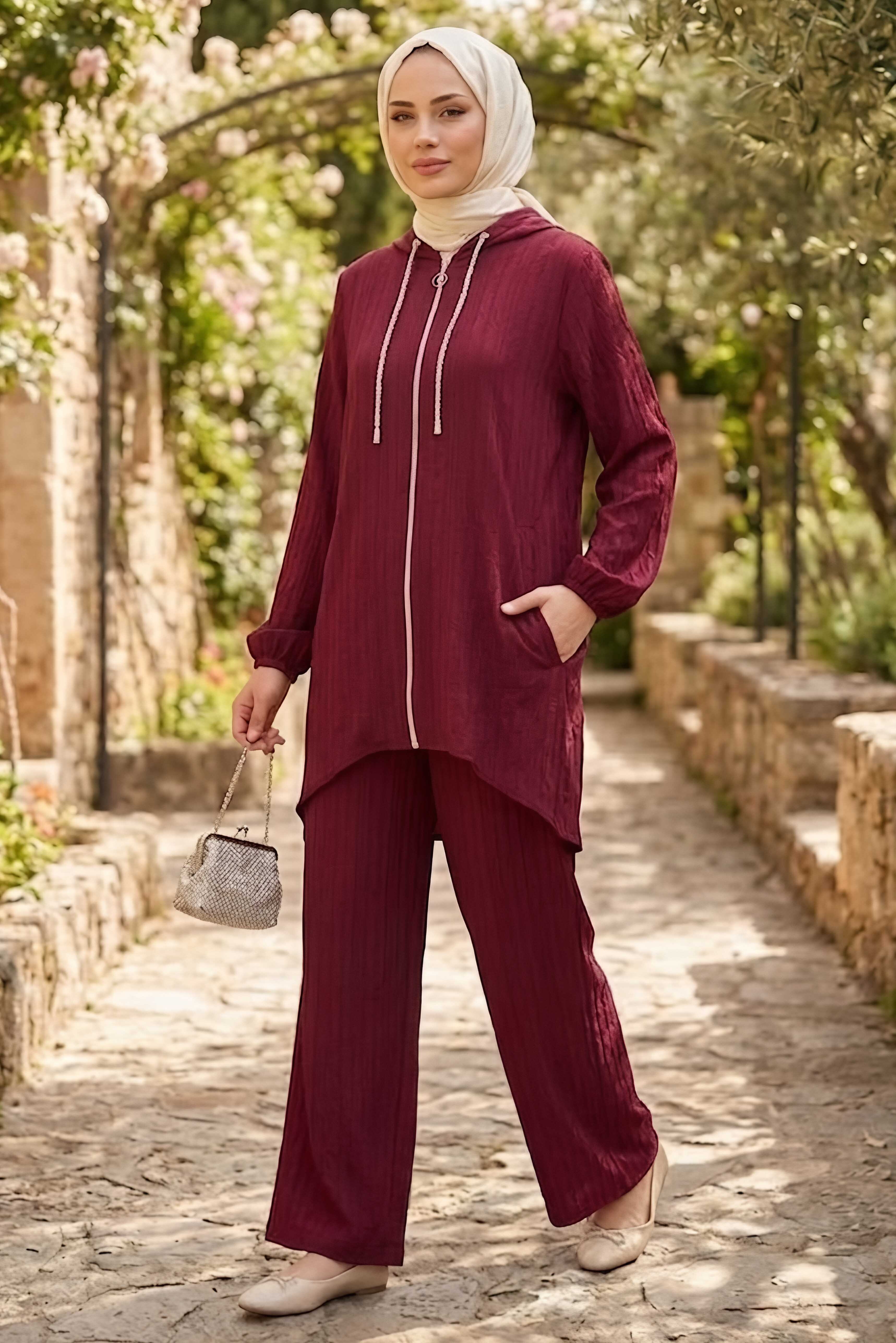 Bağ Ucu Sim Detaylı İkili Takım Bordo - 28716-BORDO - 1