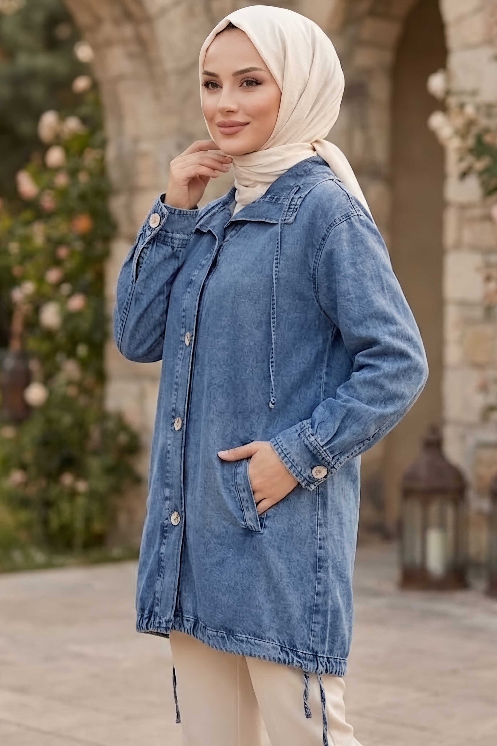 Bağcık Detaylı Düğmeli Kot Ceket Buz Mavi - 28989-BUZ-MAVI - 2