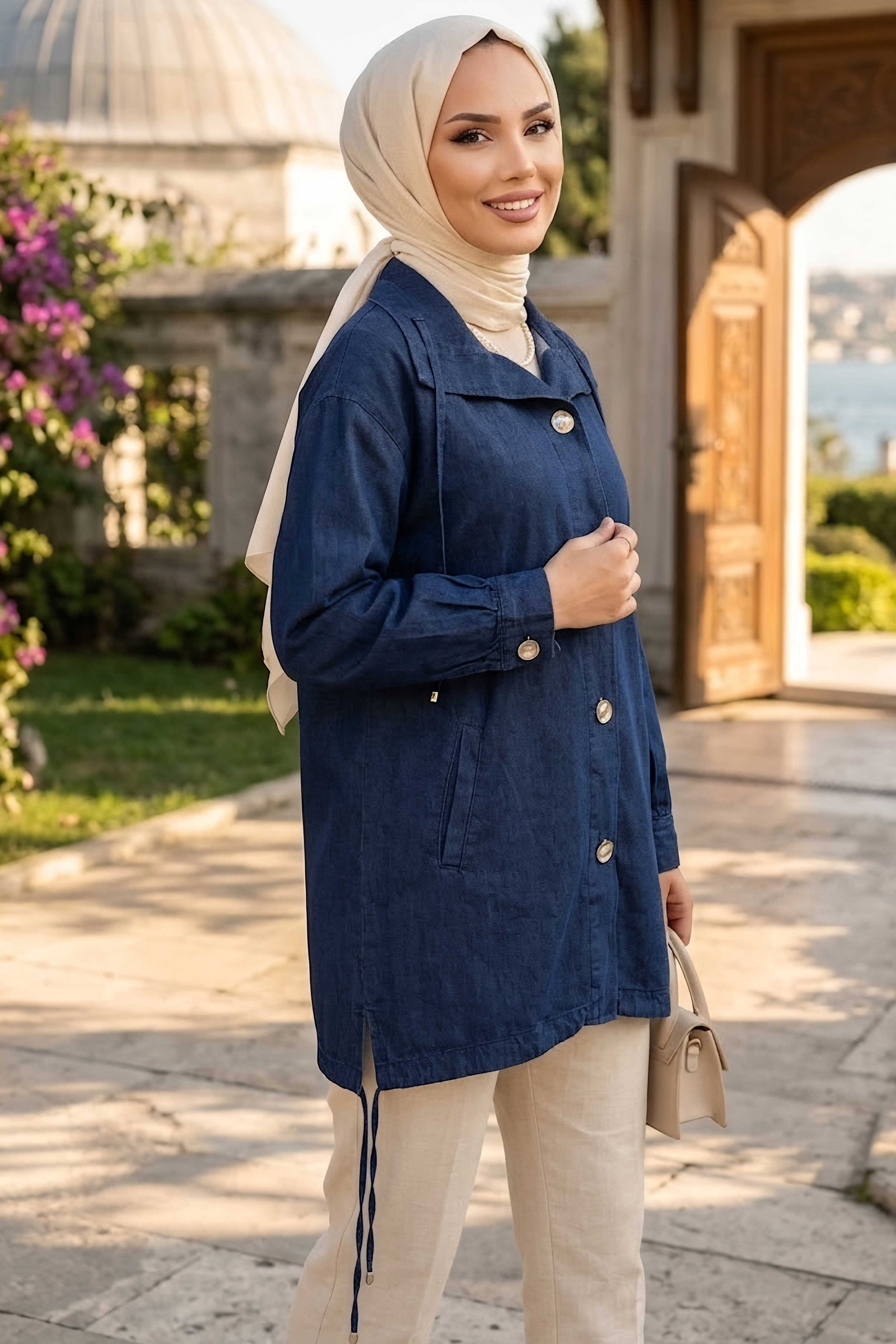 Bağcık Detaylı Düğmeli Kot Ceket Lacivert - 28989-LACIVERT - 2