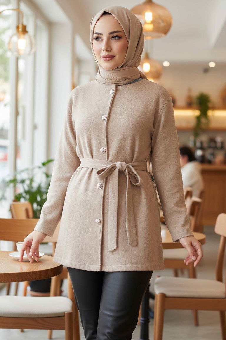 Bağlamalı Düğmeli Kısa Kaşe Kaban - 2052-BEJ - TOFİSA