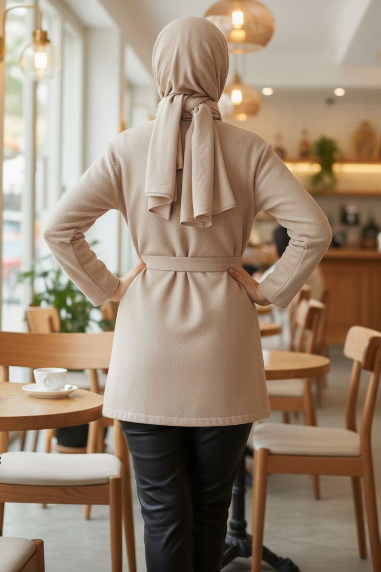 Bağlamalı Düğmeli Kısa Kaşe Kaban - 2052-BEJ - 3