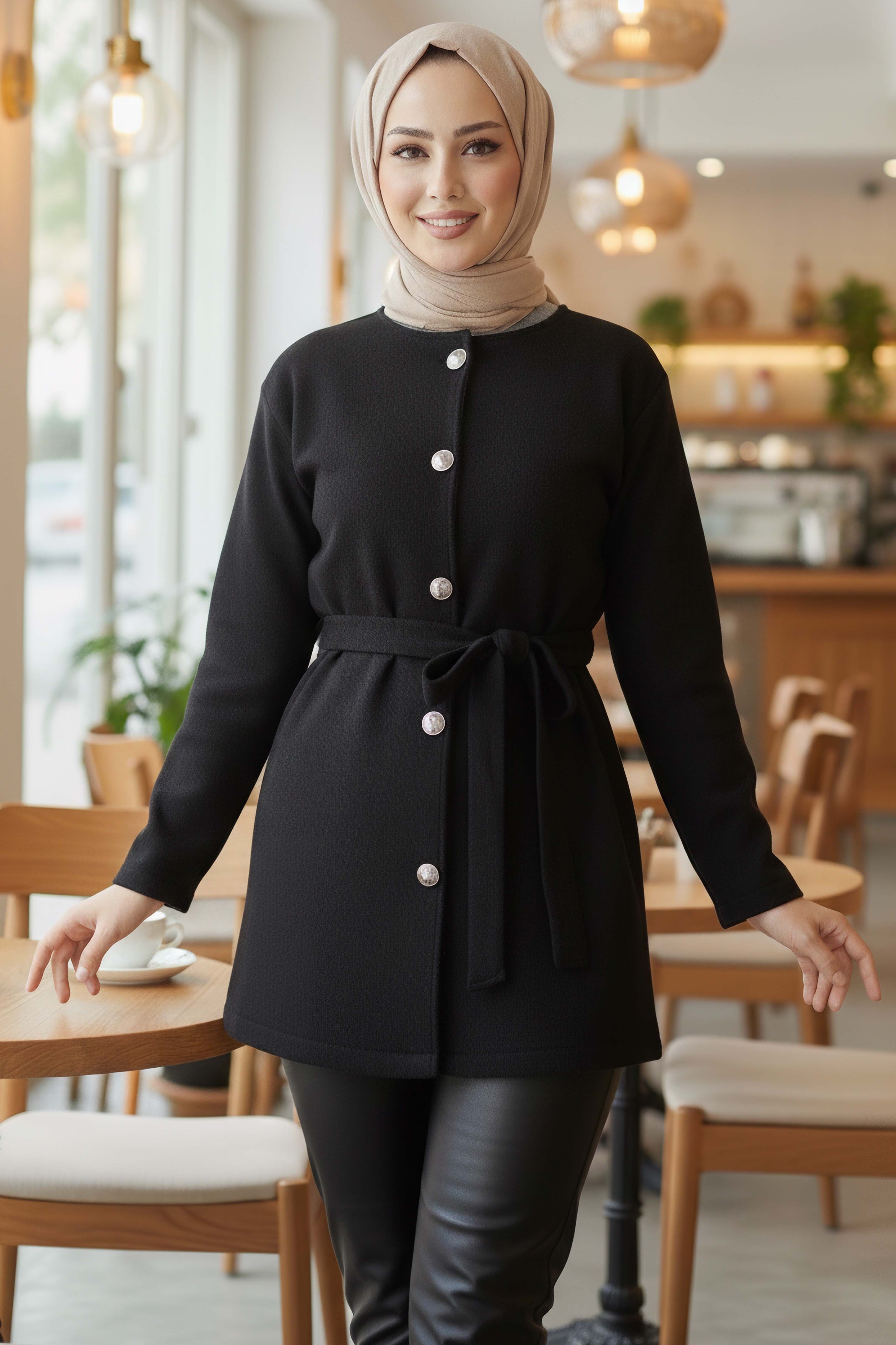 Bağlamalı Düğmeli Kısa Kaşe Kaban - 2052-SIYAH - 1