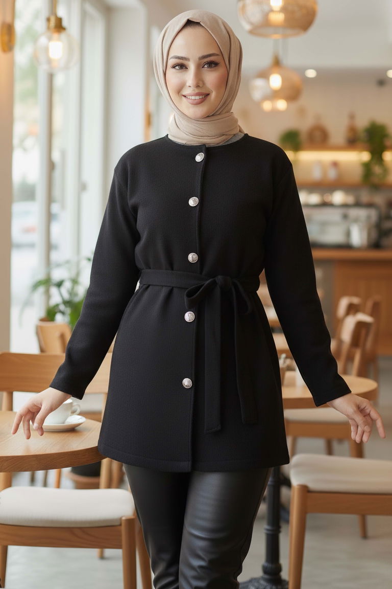 Bağlamalı Düğmeli Kısa Kaşe Kaban - 2052-SIYAH - TOFİSA