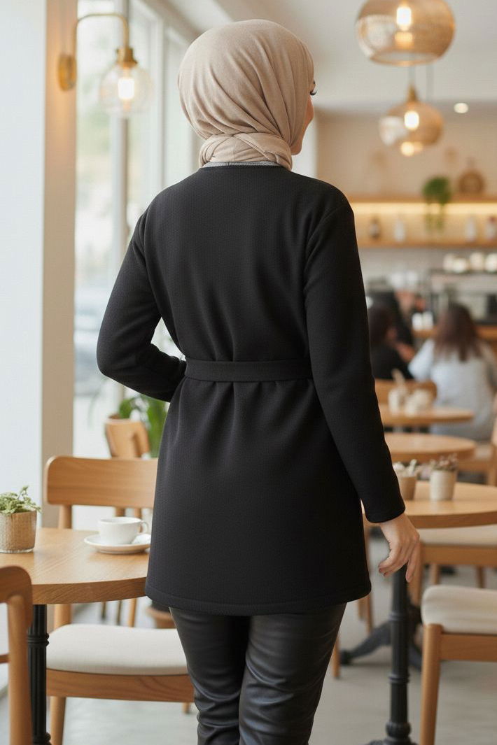 Bağlamalı Düğmeli Kısa Kaşe Kaban - 2052-SIYAH - 3