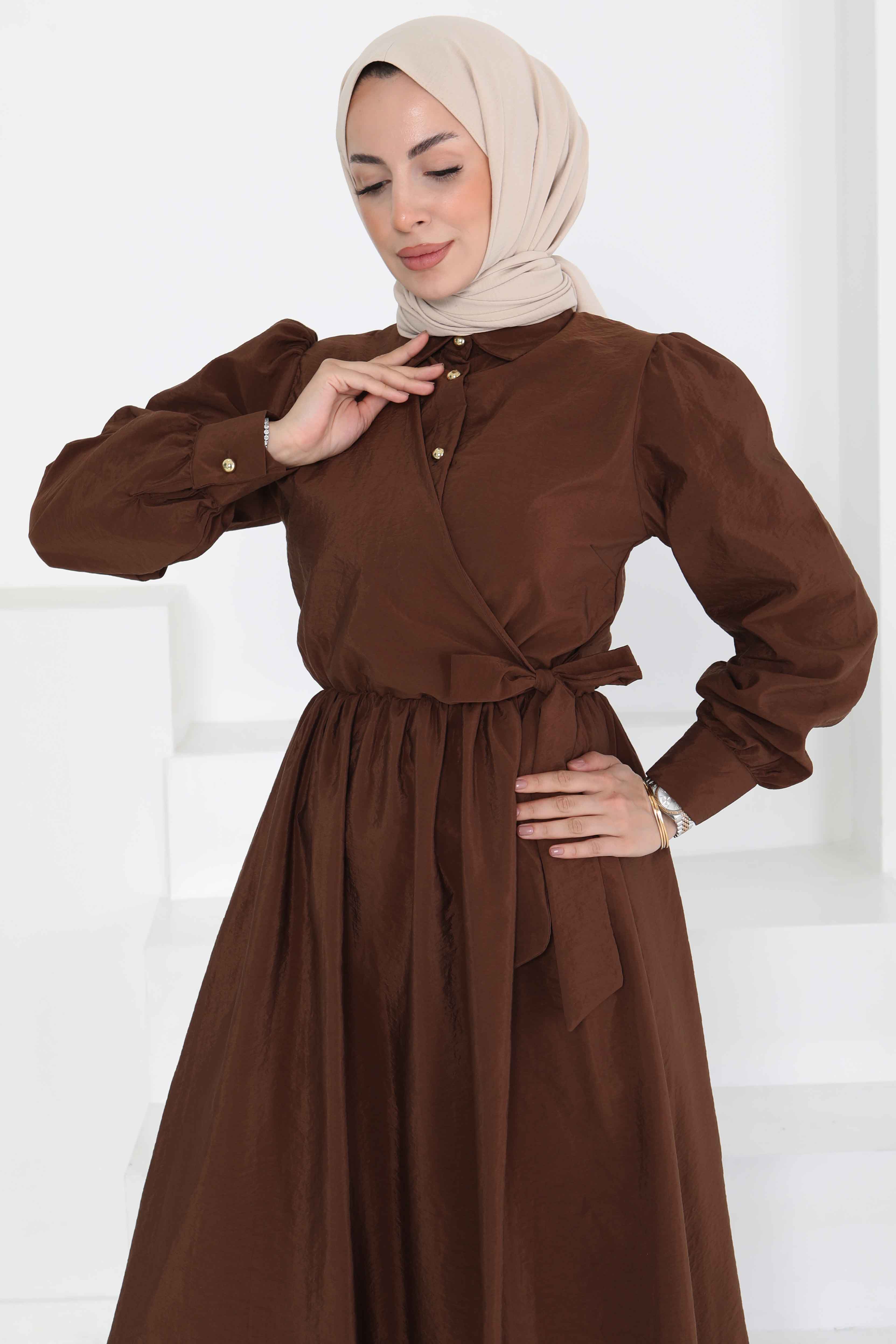 Bağlamalı Elbise Kahve - 27186 - 1