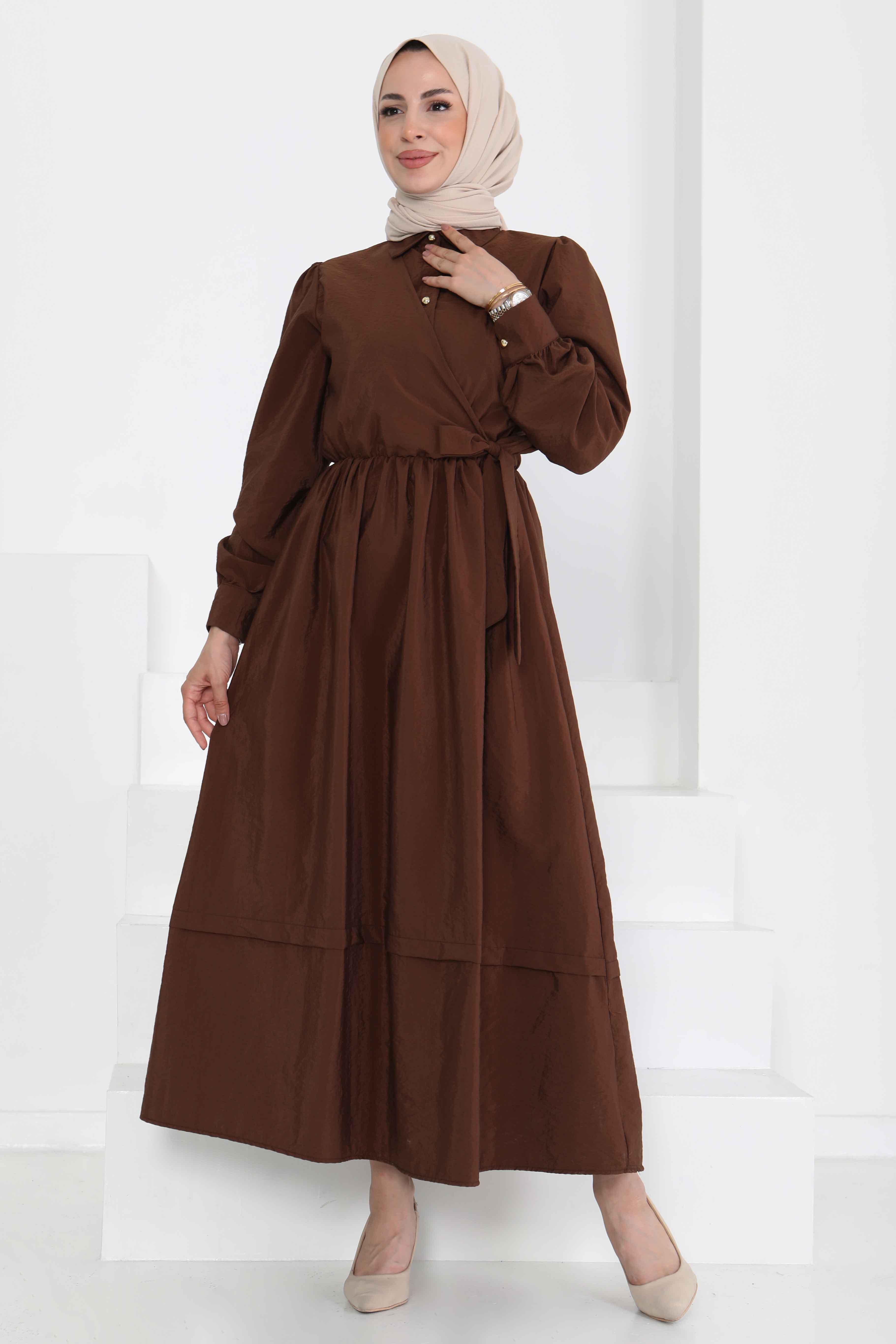 Bağlamalı Elbise Kahve - 27186 - 2