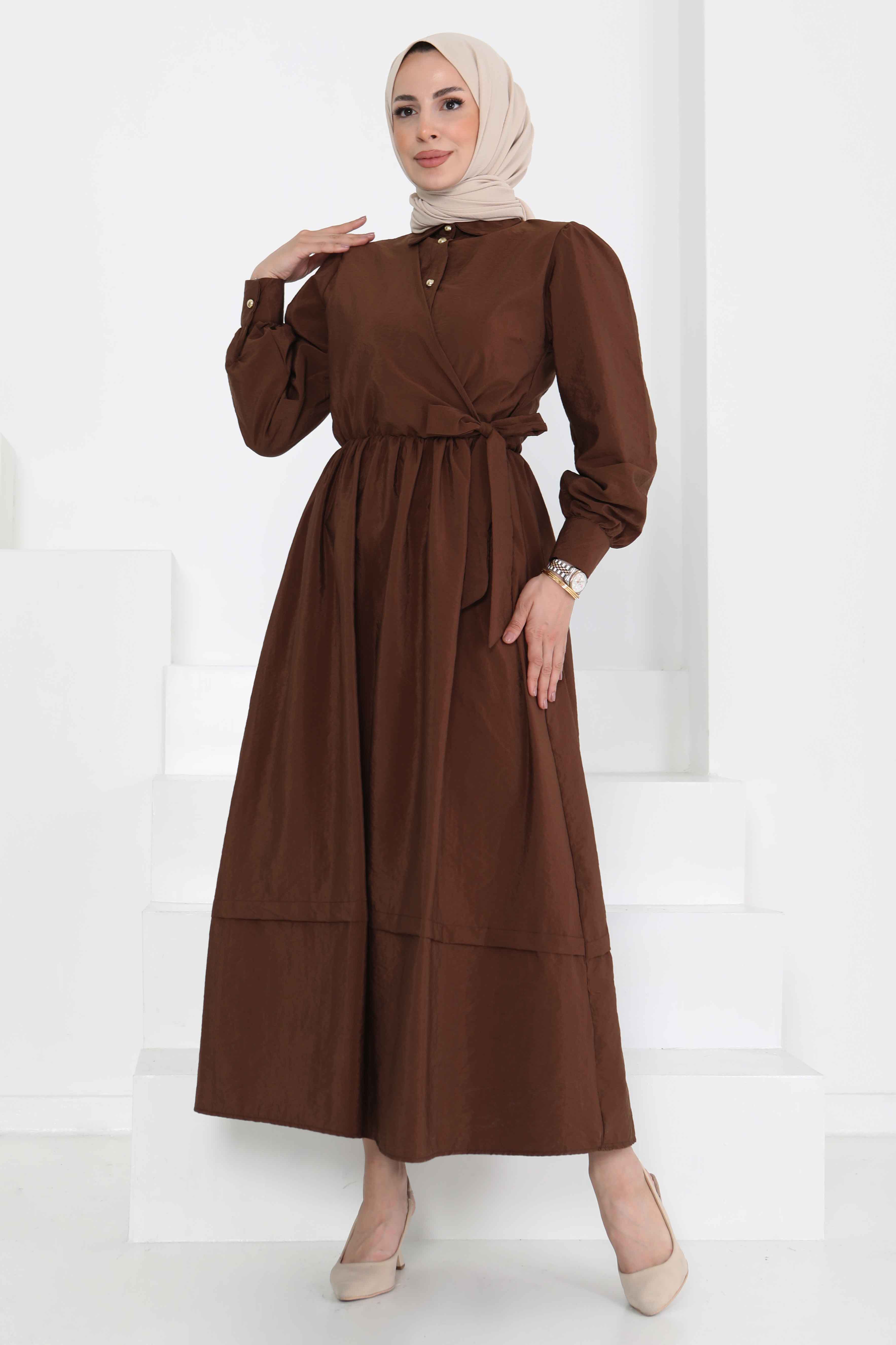 Bağlamalı Elbise Kahve - 27186 - 3