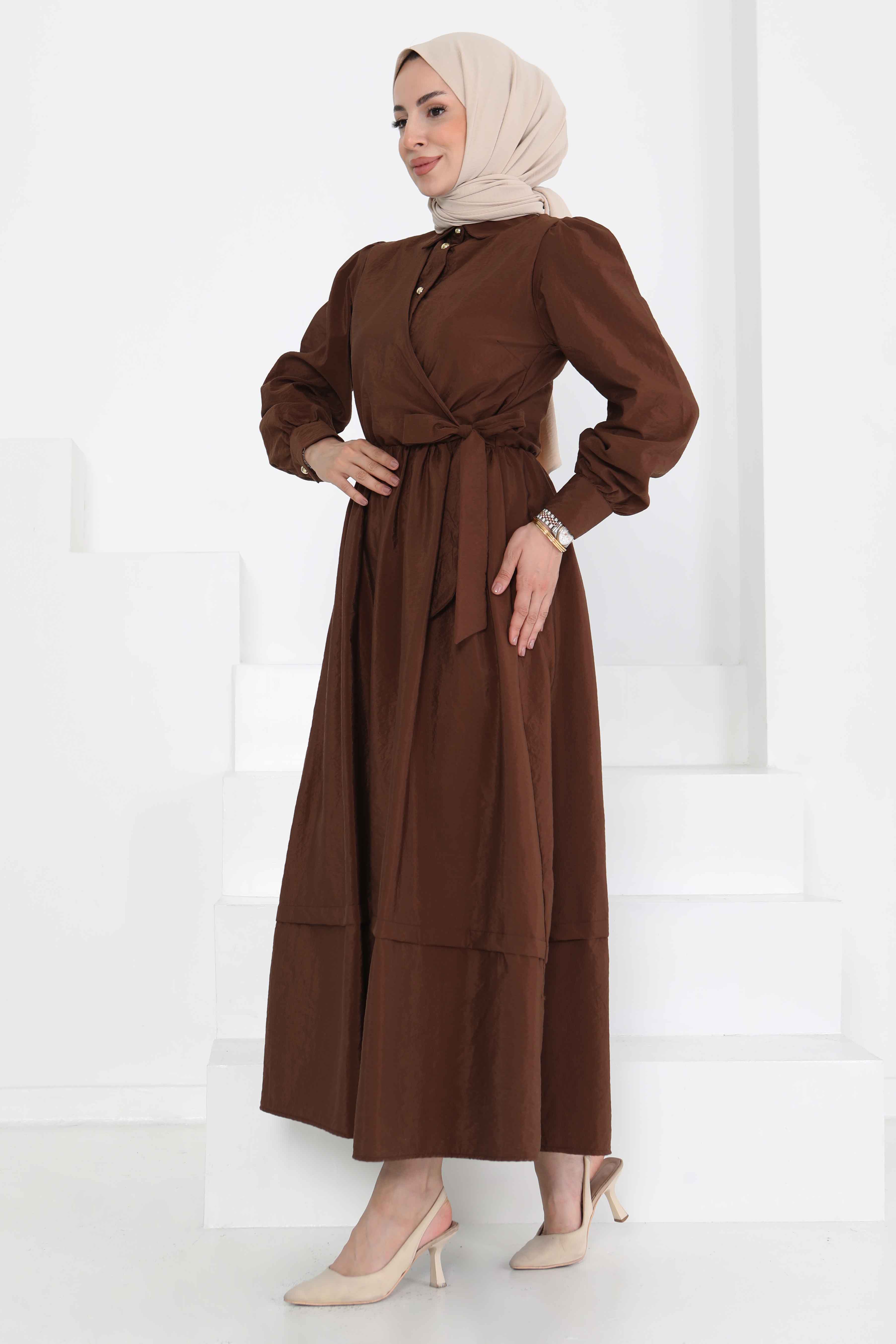 Bağlamalı Elbise Kahve - 27186 - 4