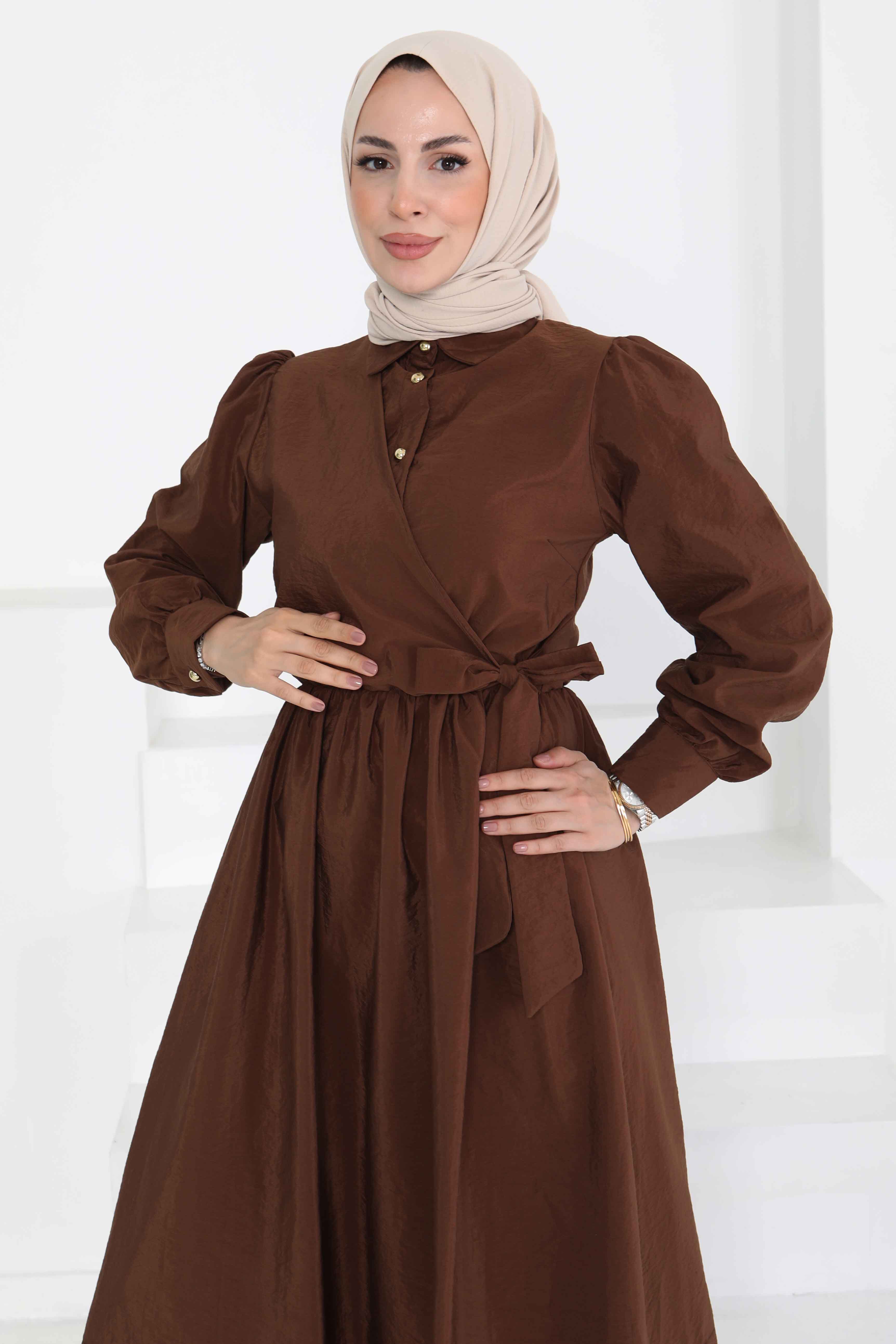 Bağlamalı Elbise Kahve - 27186 - 5
