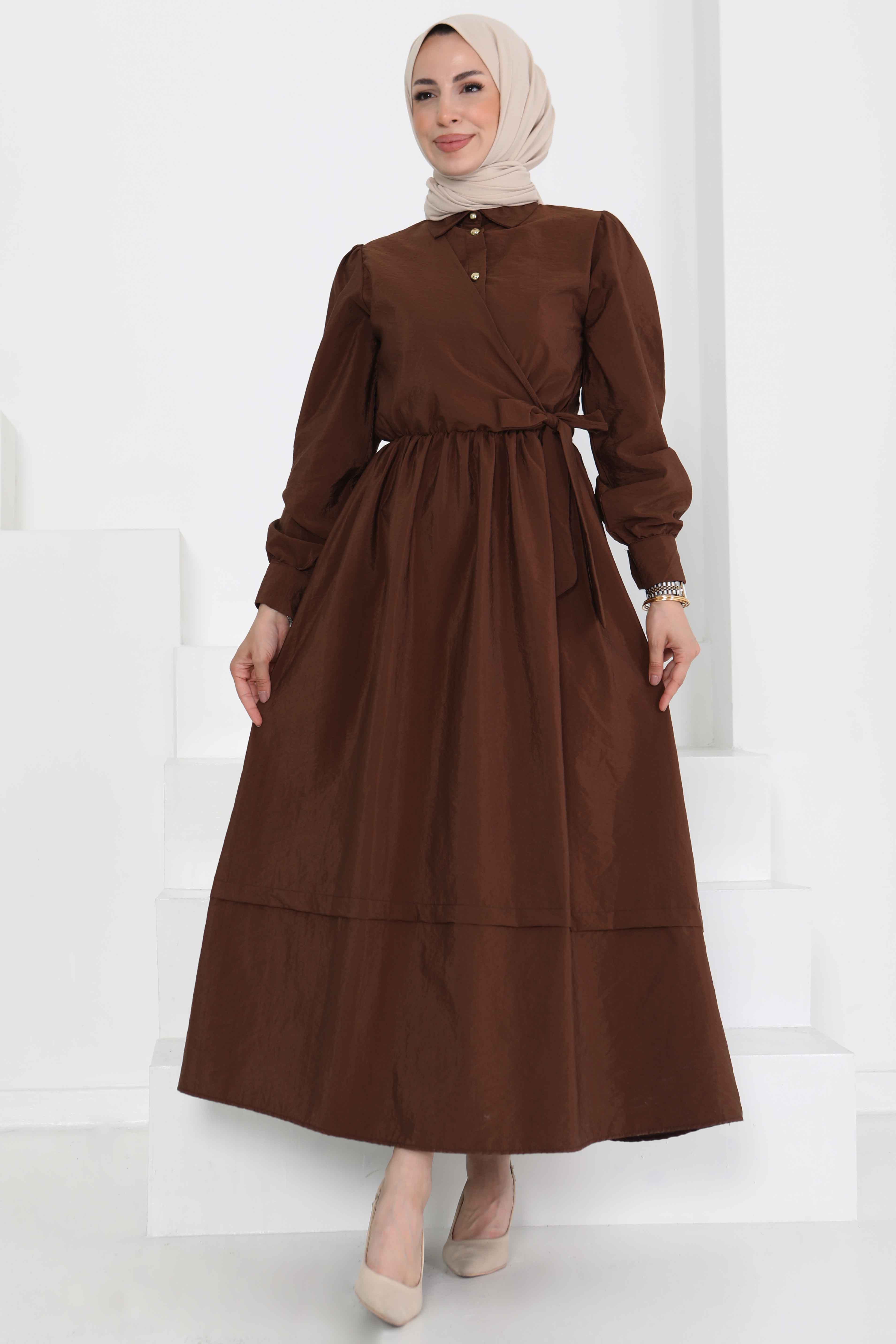 Bağlamalı Elbise Kahve - 27186 - 6