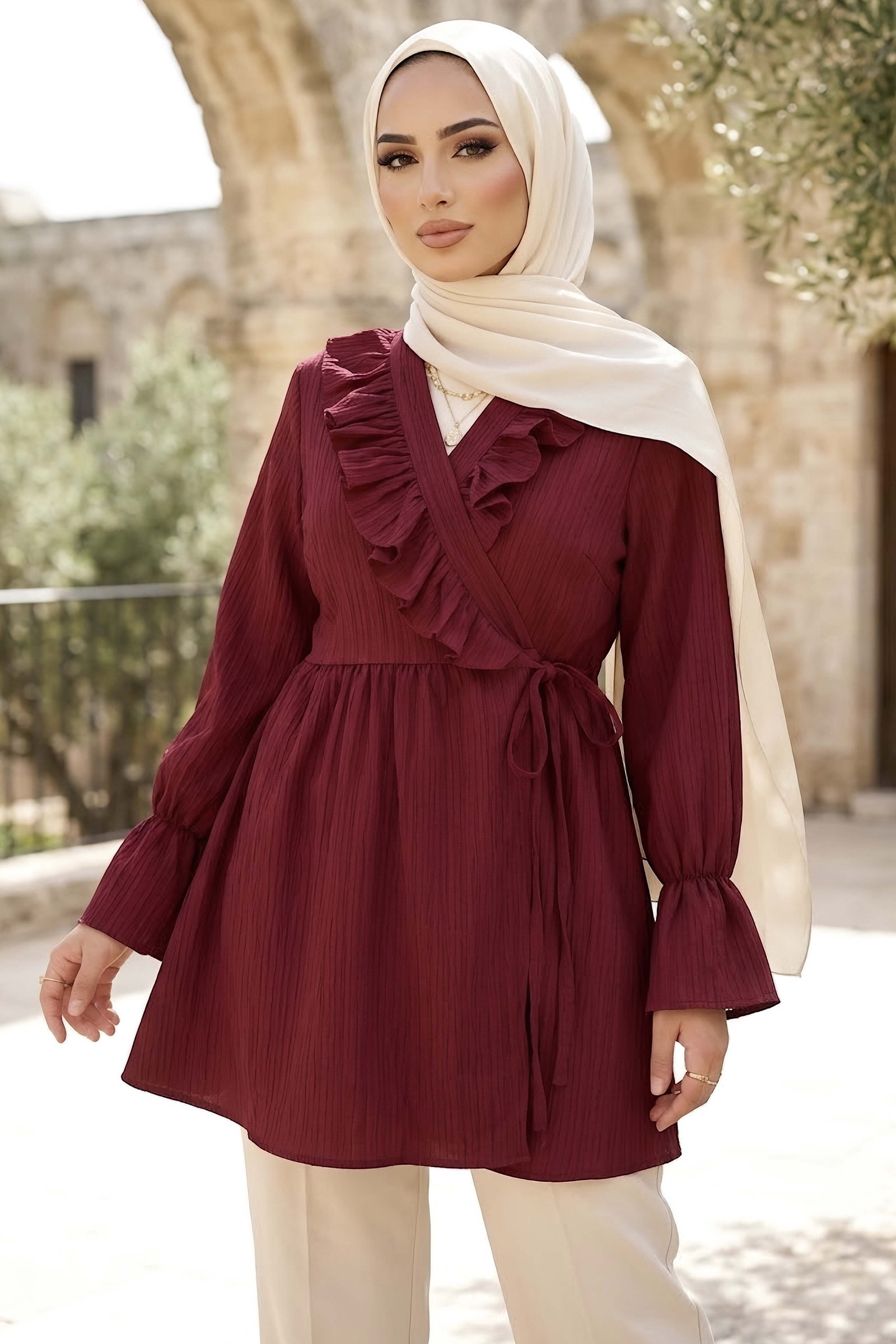 Bağlamalı Fırfırlı Ceket Bordo - 29014-BORDO - 1