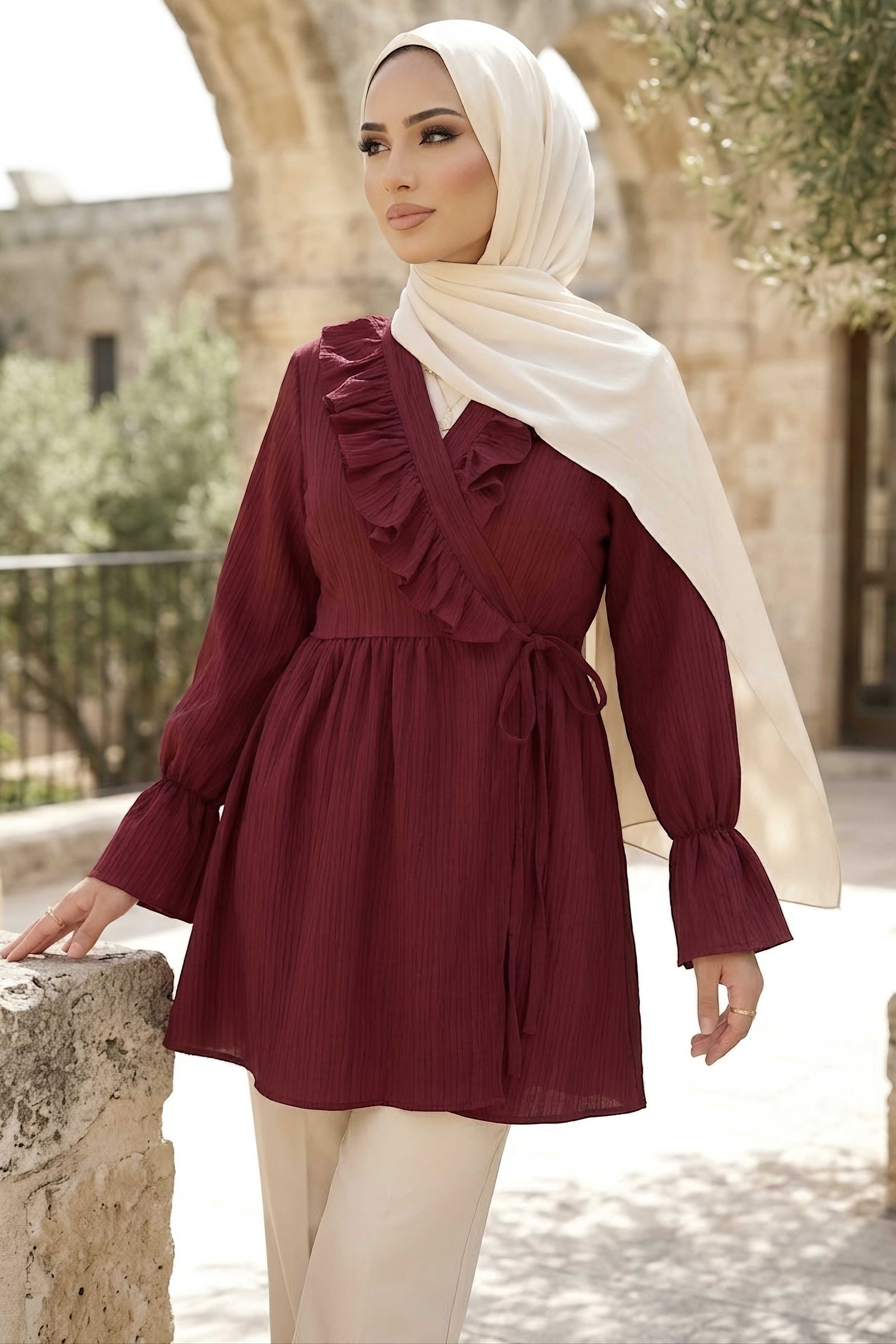 Bağlamalı Fırfırlı Ceket Bordo - 29014-BORDO - 2