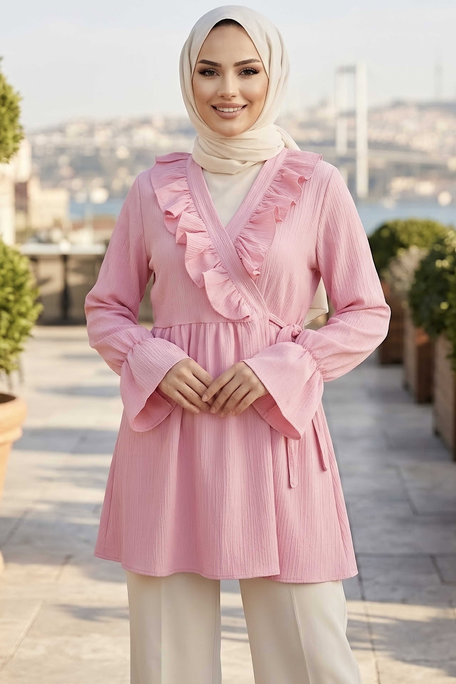 Bağlamalı Fırfırlı Ceket Pembe - 29014-PEMBE - 2