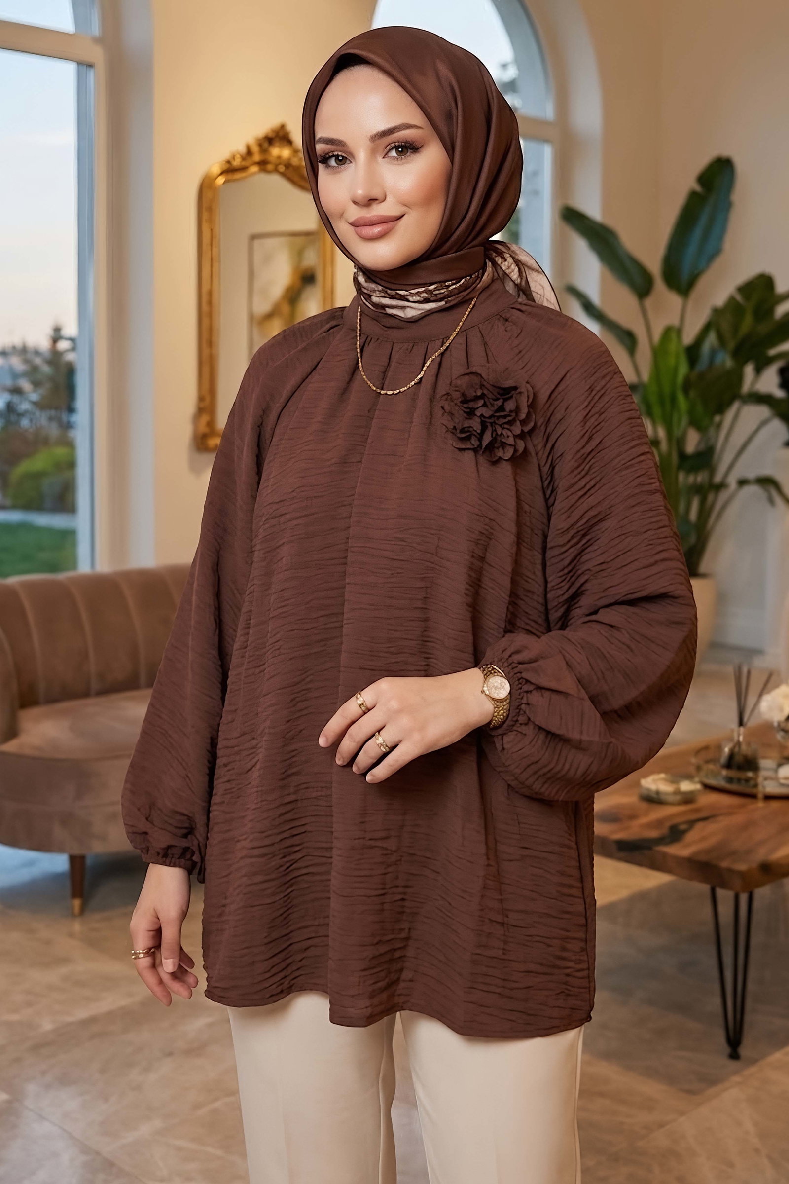 Bağlamalı Güllü Bluz Kahve - 28812-KAHVE - 1