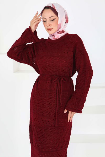 Baklava Desen Astarlı Triko Elbise - 27712-BORDO 