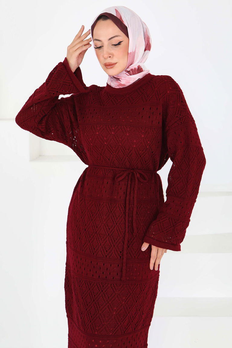 Baklava Desen Astarlı Triko Elbise - 27712-BORDO - TOFİSA