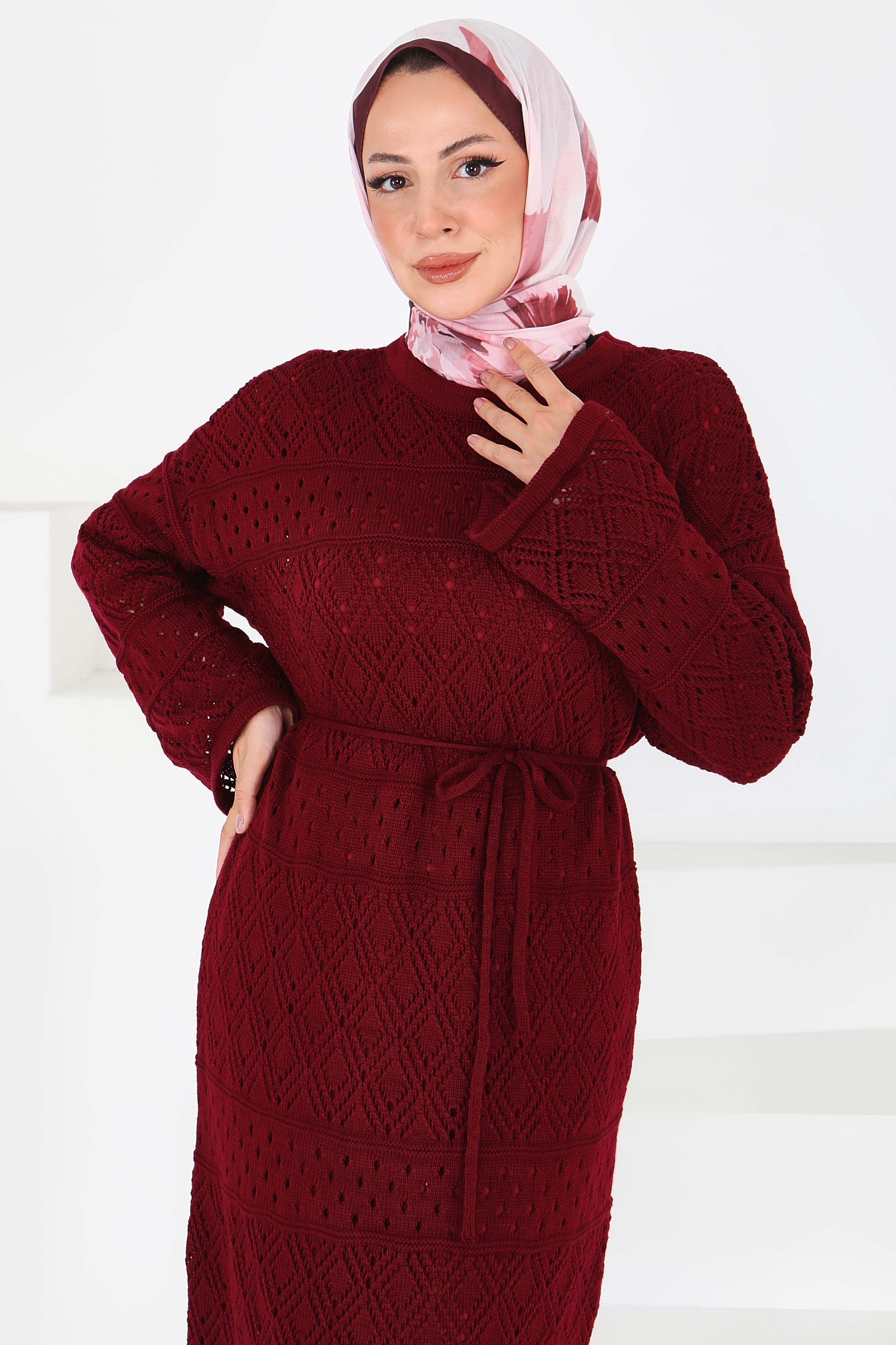 Baklava Desen Astarlı Triko Elbise - 27712-BORDO - 4