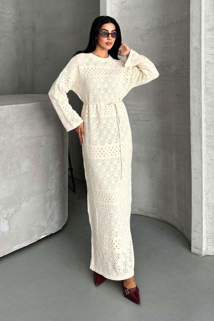 Baklava Desen Astarlı Triko Elbise - 27712-EKRU - TOFİSA