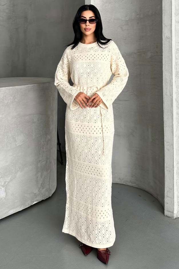 Baklava Desen Astarlı Triko Elbise - 27712-EKRU - TOFİSA