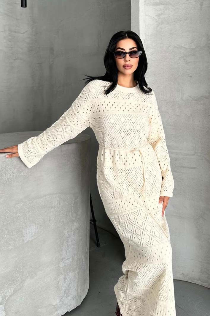 Baklava Desen Astarlı Triko Elbise - 27712-EKRU - TOFİSA