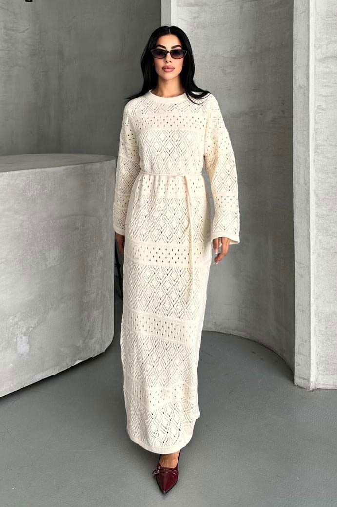 Baklava Desen Astarlı Triko Elbise - 27712-EKRU - TOFİSA