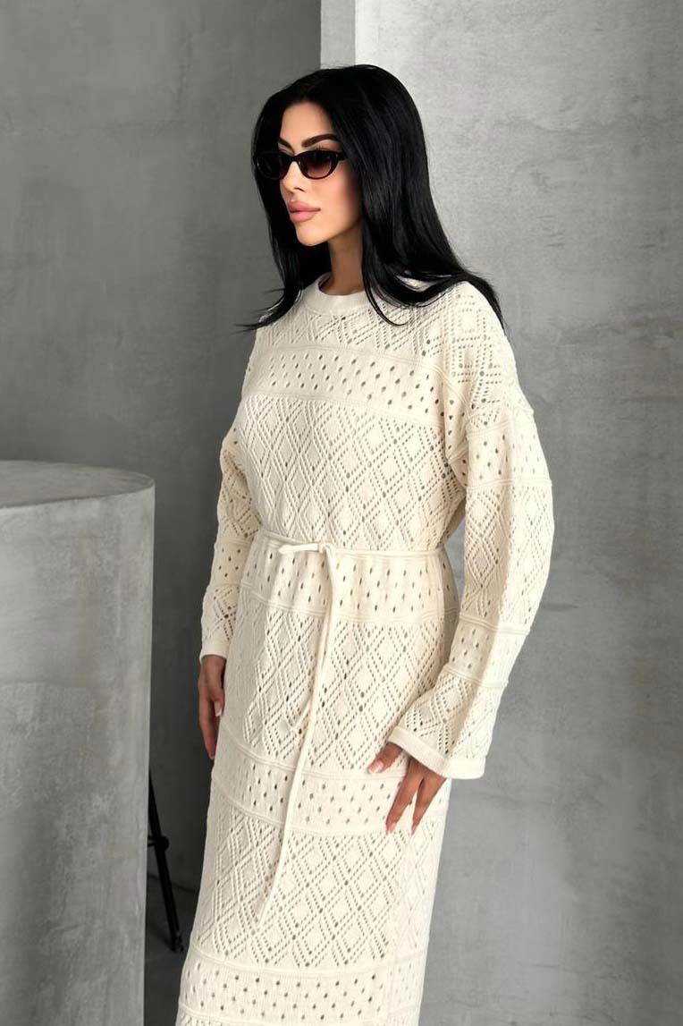 Baklava Desen Astarlı Triko Elbise - 27712-EKRU - TOFİSA