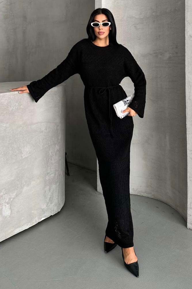 Baklava Desen Astarlı Triko Elbise - 27712-SIYAH - TOFİSA