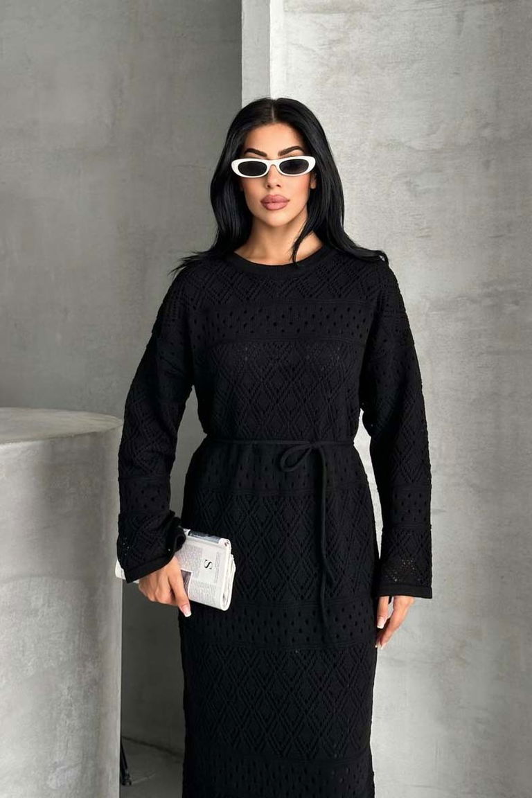 Baklava Desen Astarlı Triko Elbise - 27712-SIYAH - TOFİSA