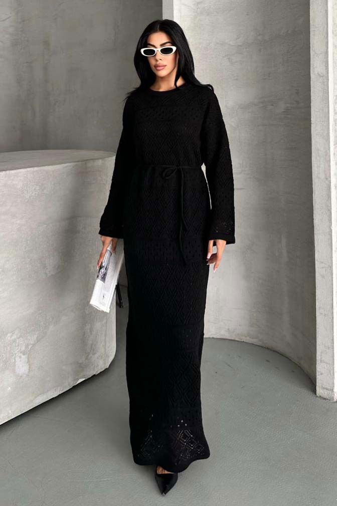 Baklava Desen Astarlı Triko Elbise - 27712-SIYAH - TOFİSA