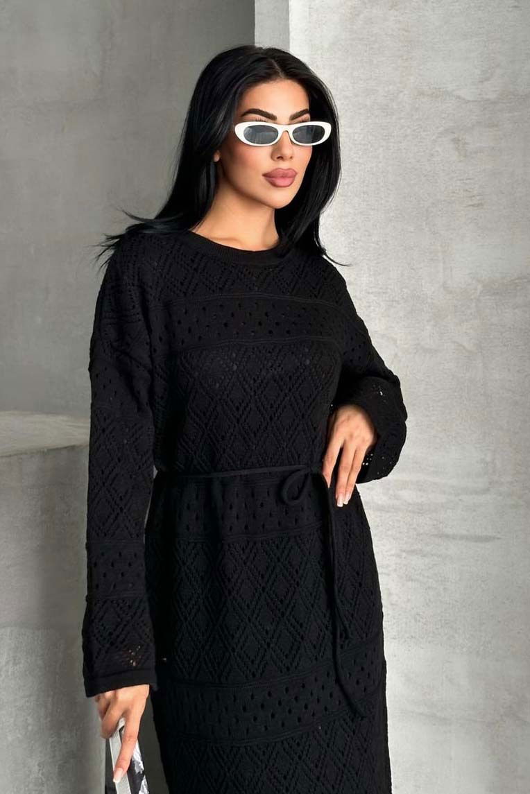 Baklava Desen Astarlı Triko Elbise - 27712-SIYAH - TOFİSA