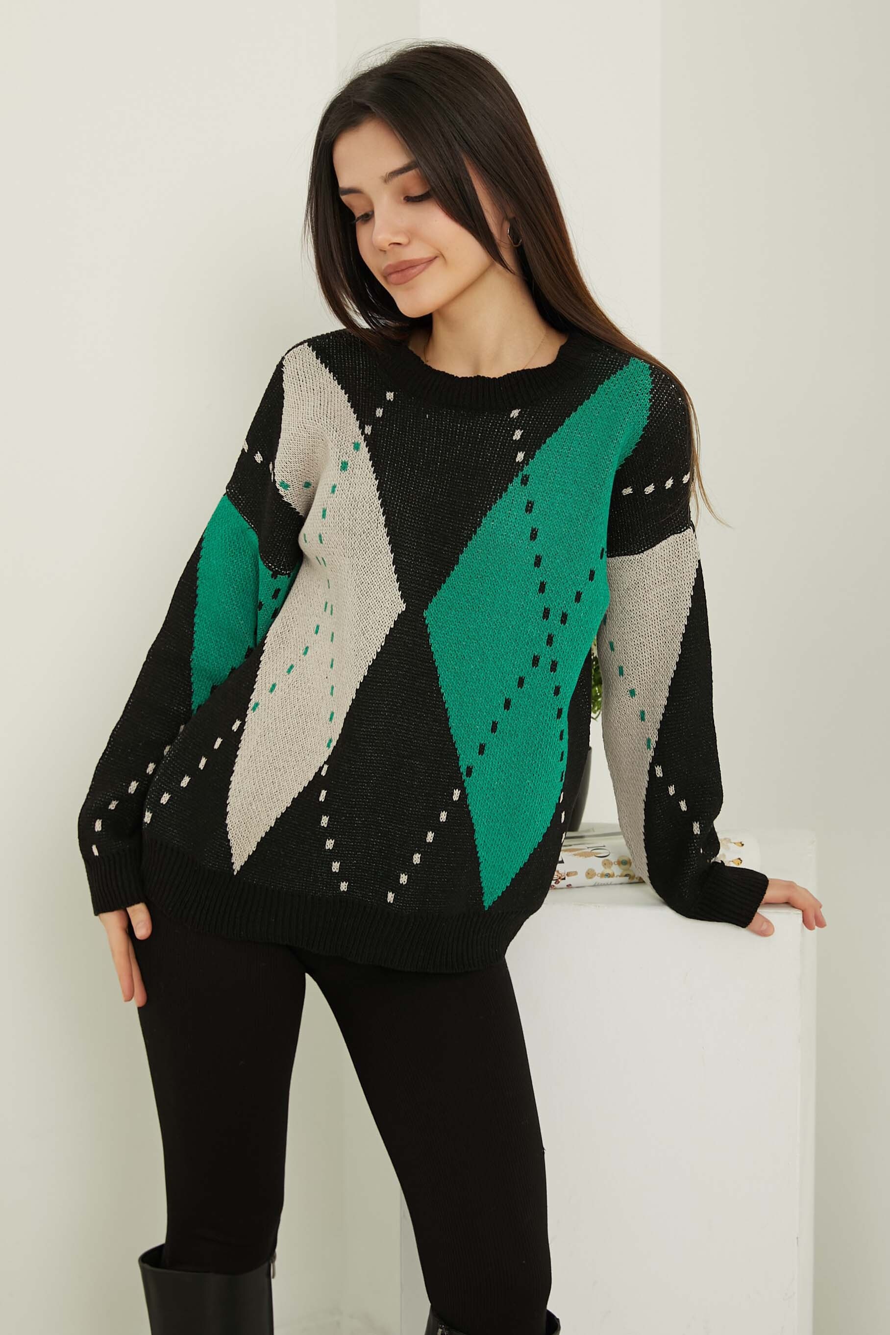 Baklava Desen Triko Kazak - 27671-YESIL-KREM - 1