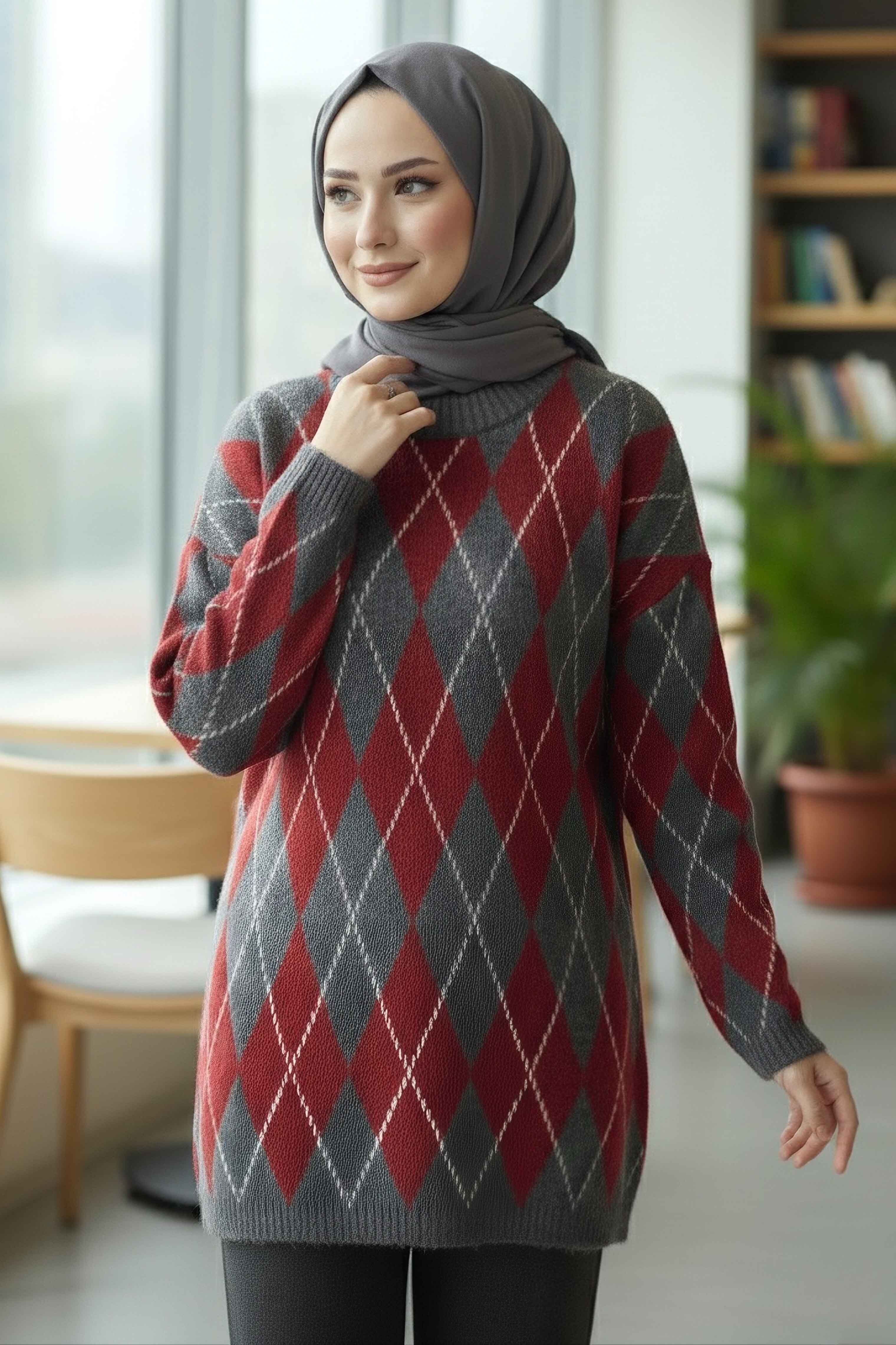 Baklava Desenli Triko Kazak - 28244-ANTRASIT - 1