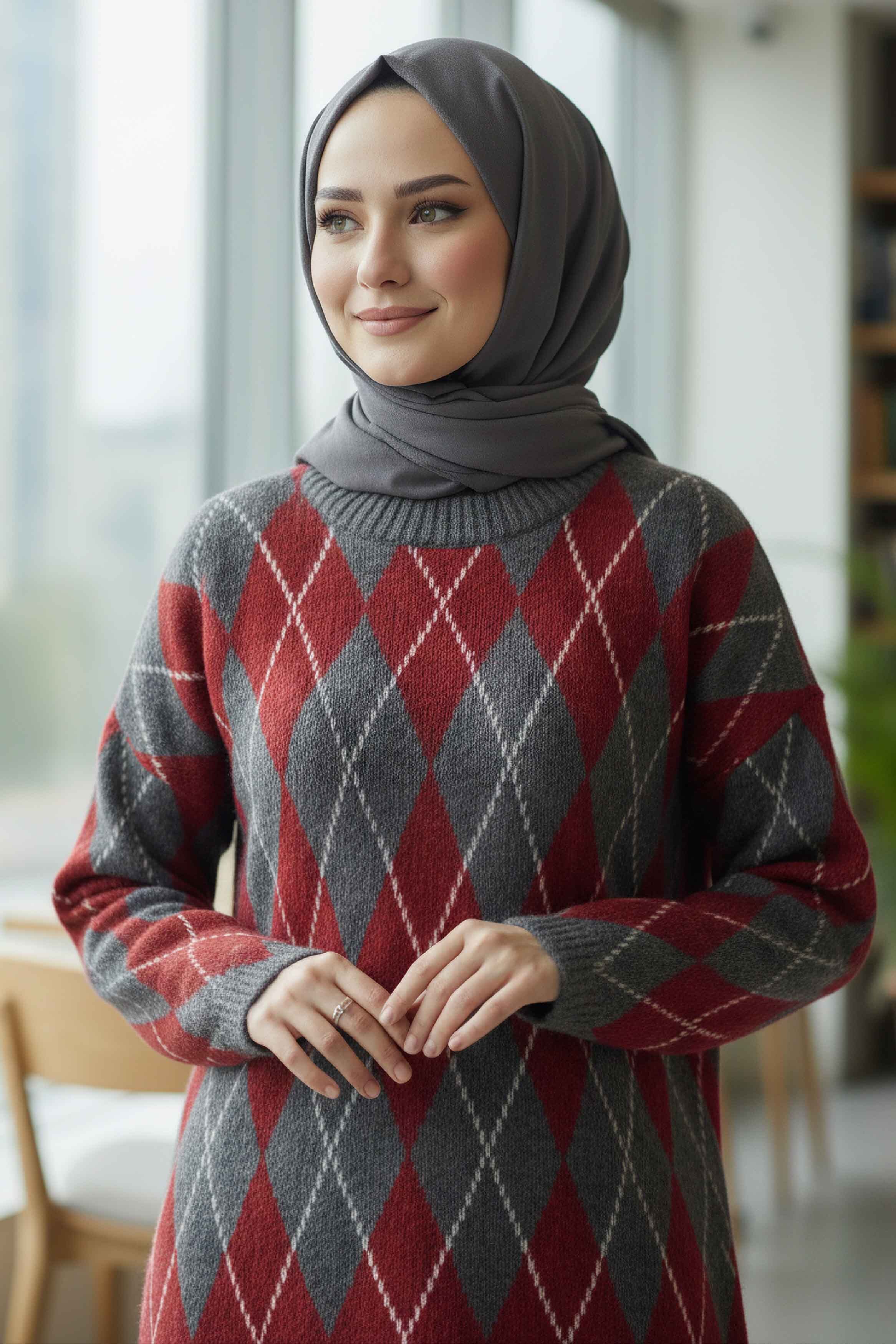 Baklava Desenli Triko Kazak - 28244-ANTRASIT - 2