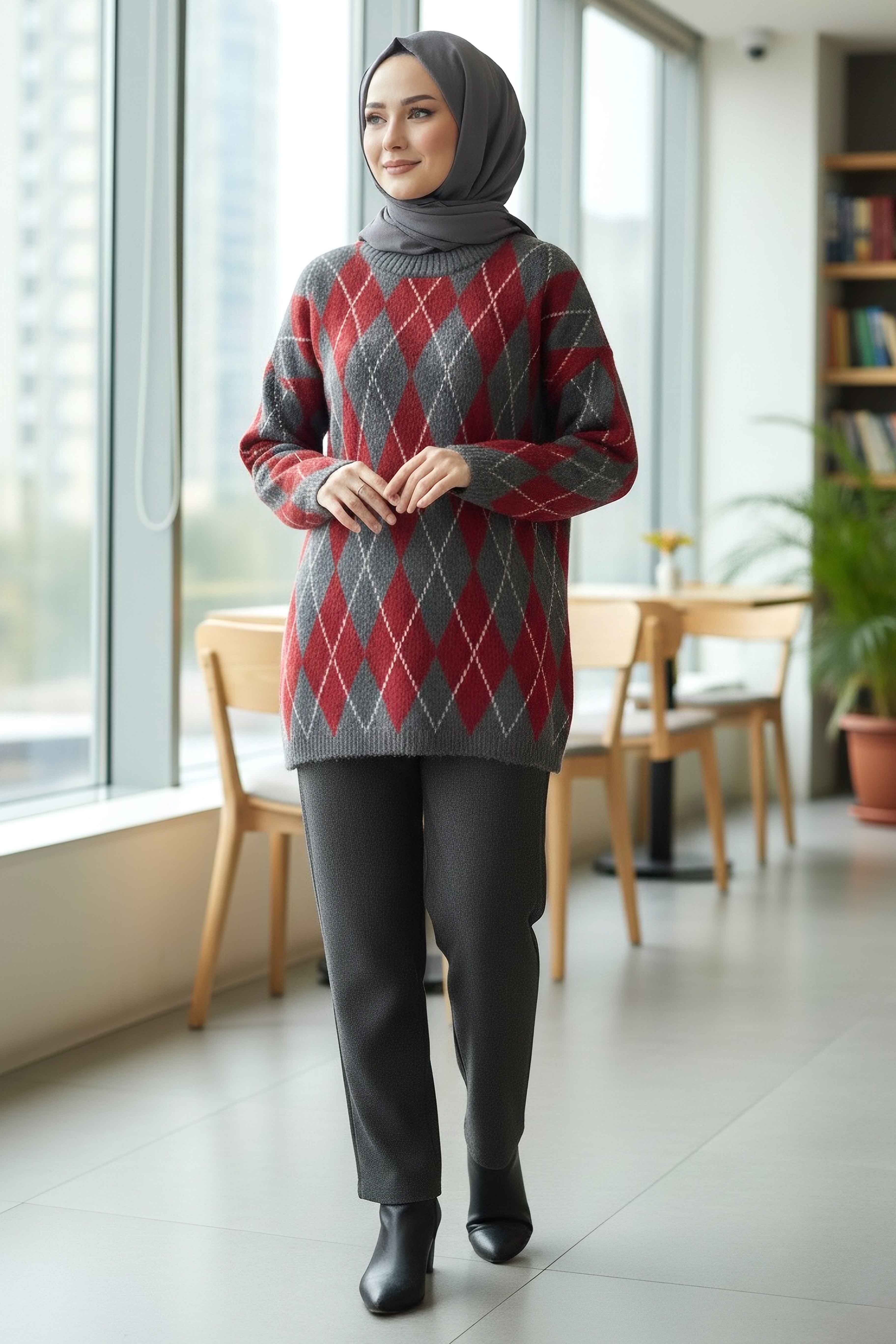 Baklava Desenli Triko Kazak - 28244-ANTRASIT - 3