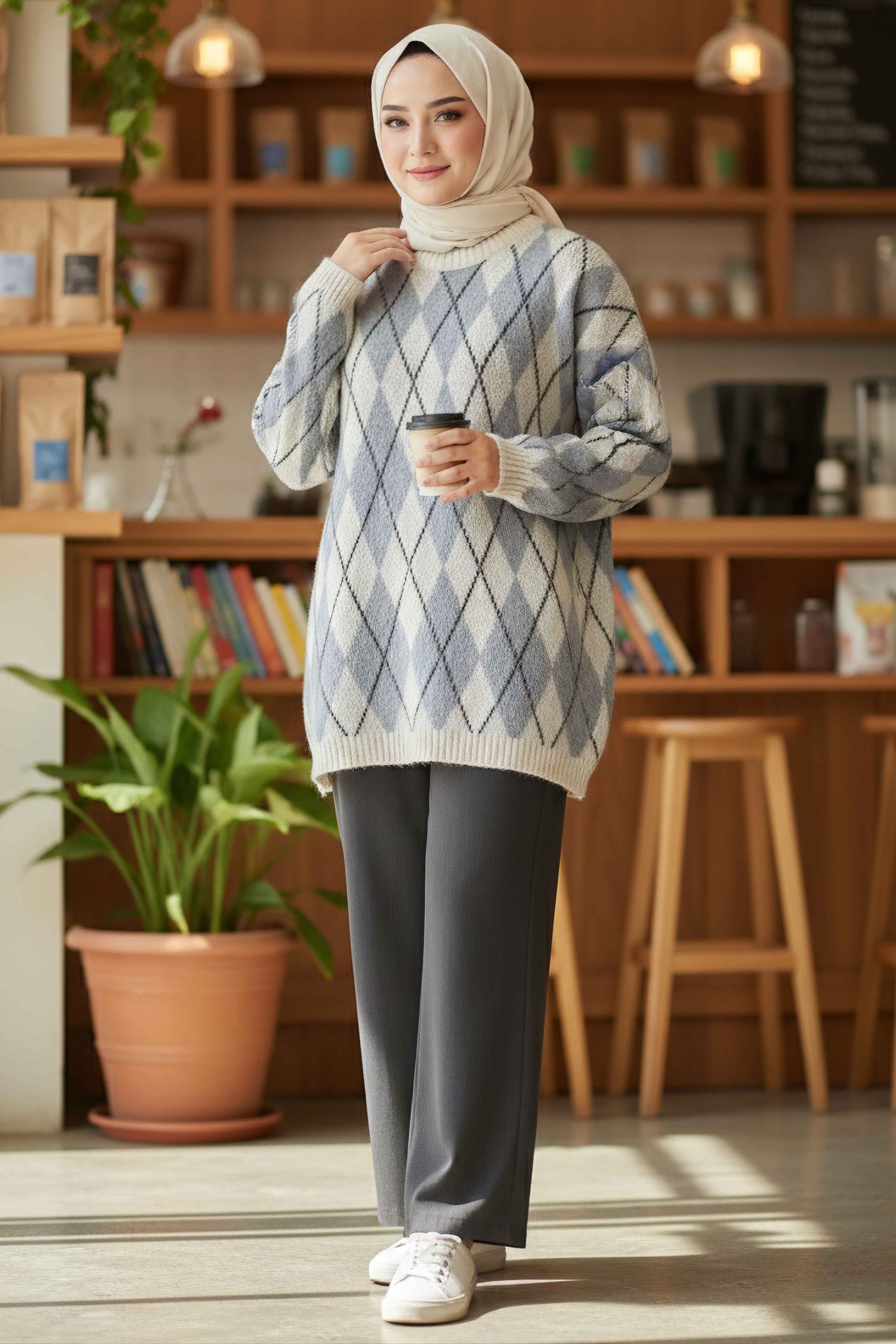 Baklava Desenli Triko Kazak - 28244-EKRU - 1