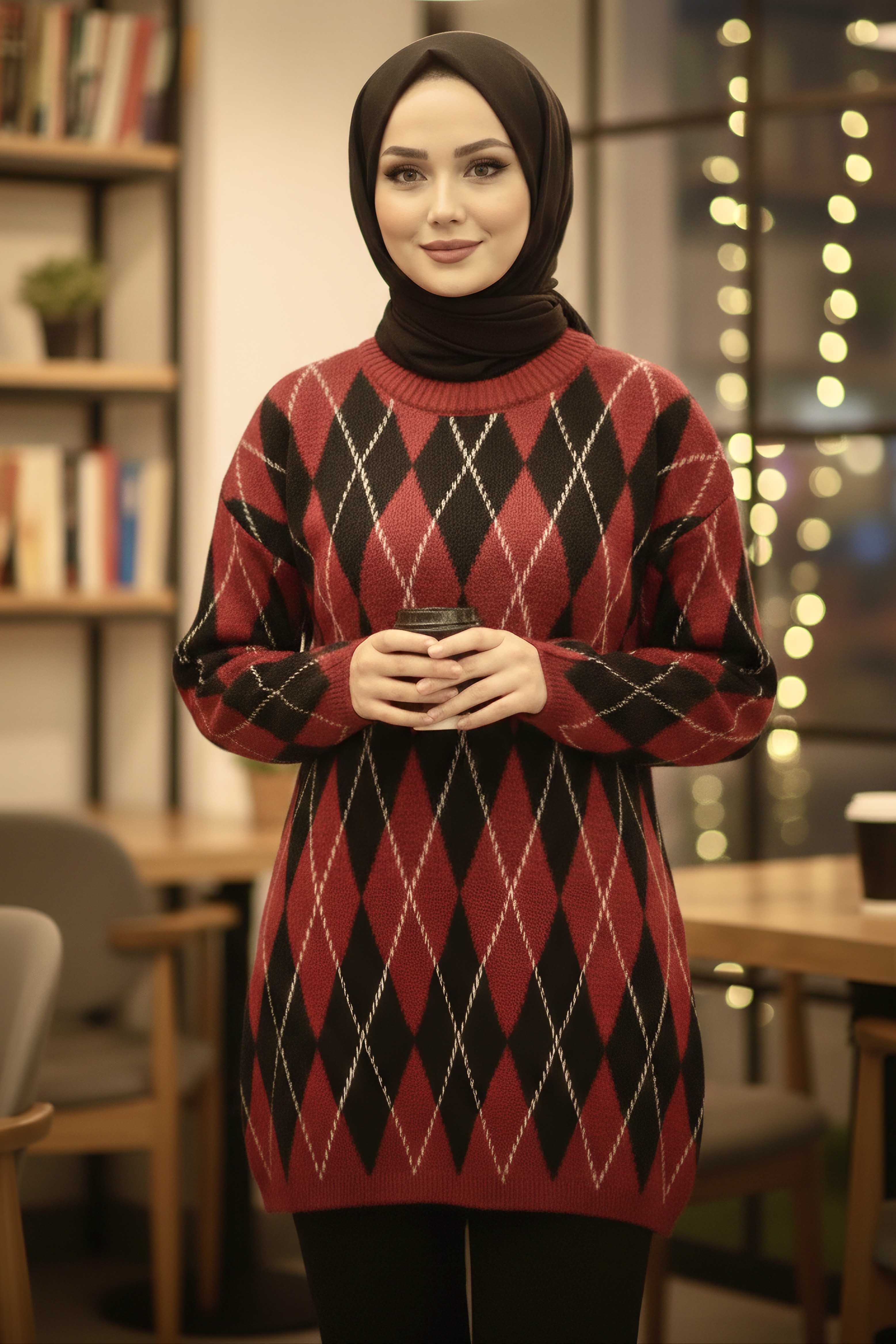 Baklava Desenli Triko Kazak - 28244-KIRMIZI - 1