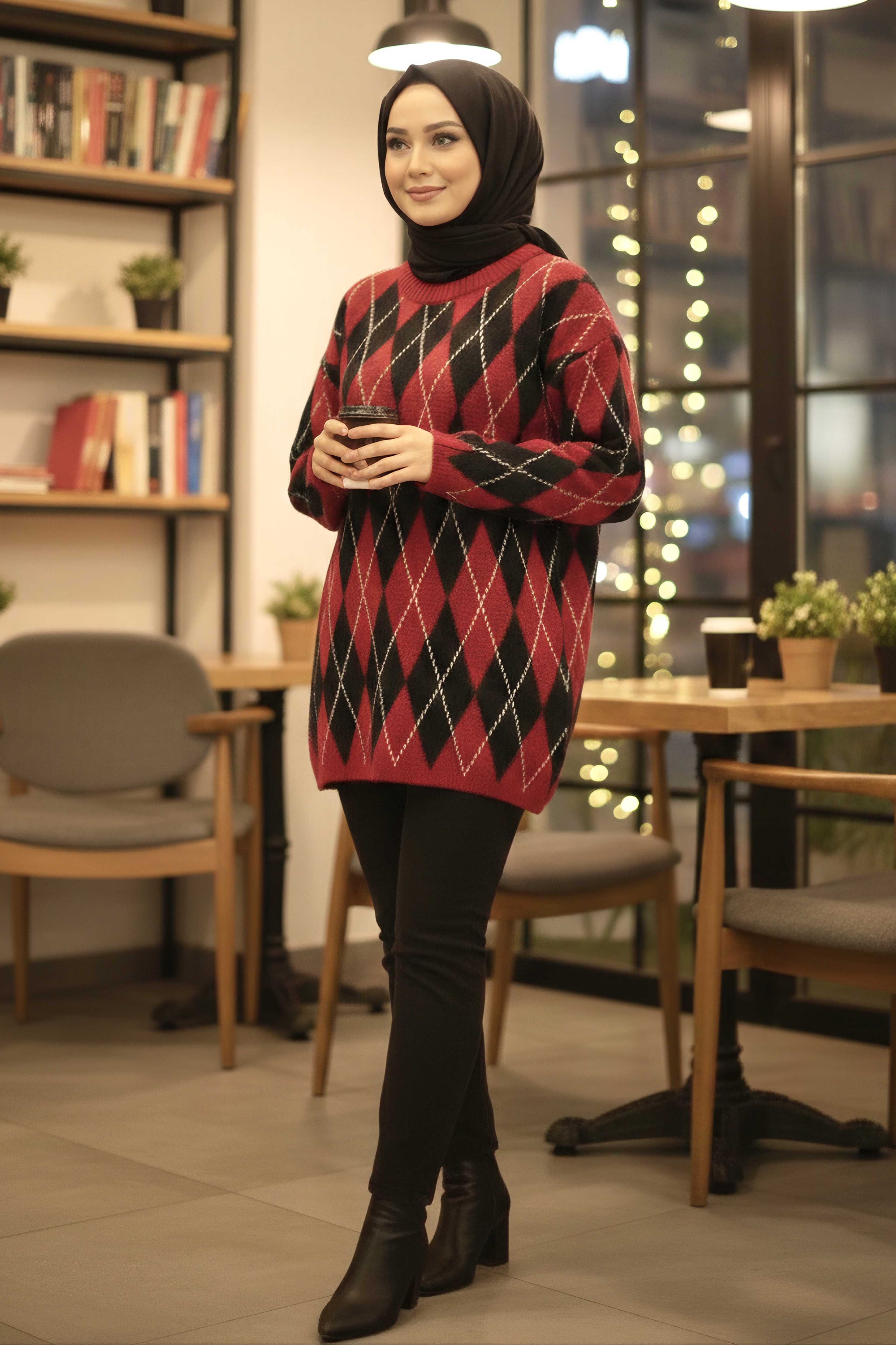 Baklava Desenli Triko Kazak - 28244-KIRMIZI - 2