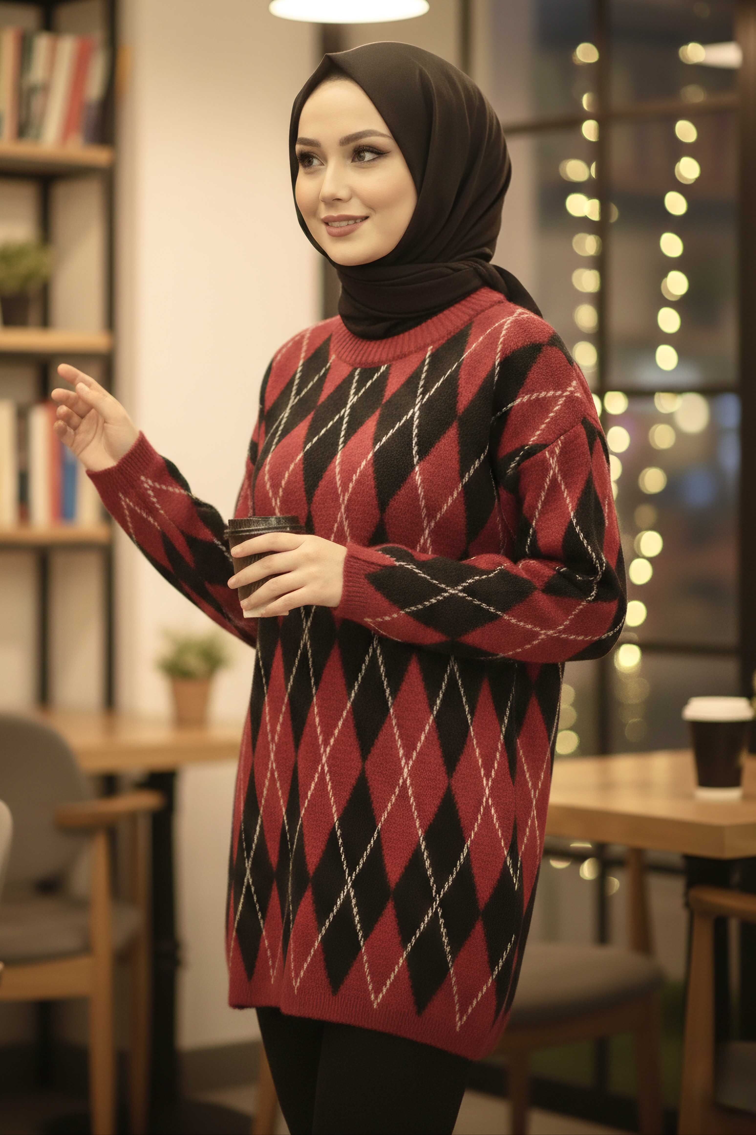 Baklava Desenli Triko Kazak - 28244-KIRMIZI - 3