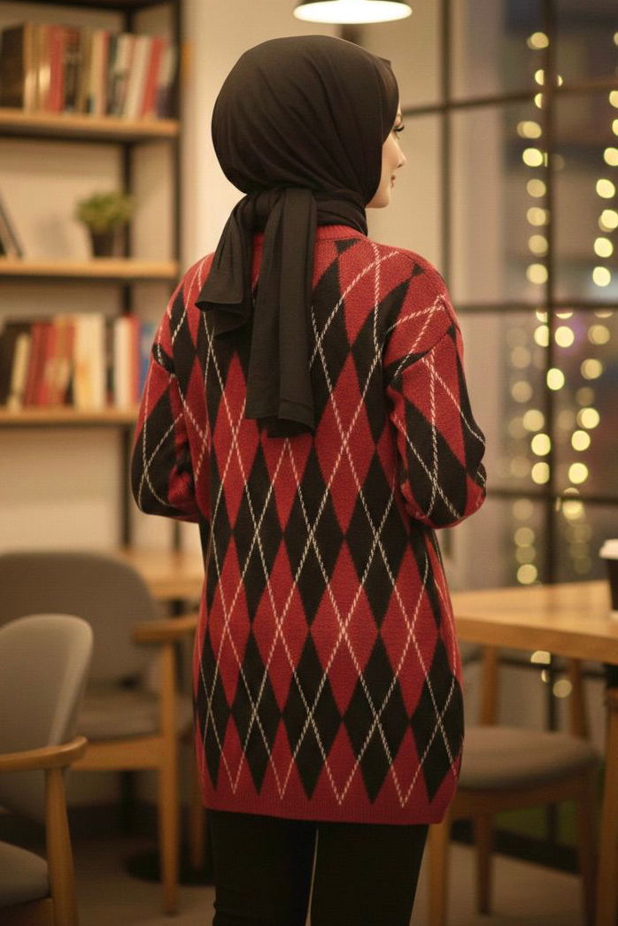 Baklava Desenli Triko Kazak - 28244-KIRMIZI - 4